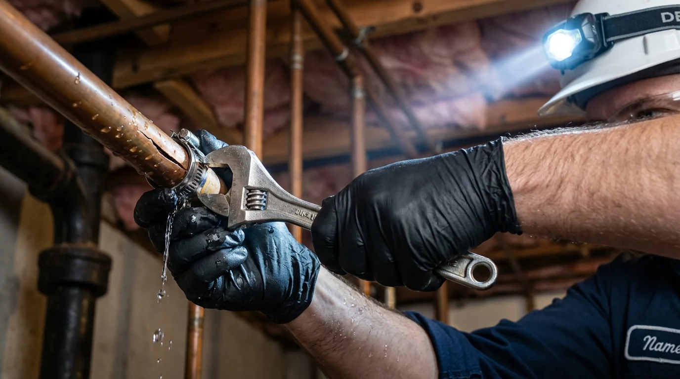 Emergency pipe clamp repair being performed by a Johns Plumbing LLC plumber in Bartlett