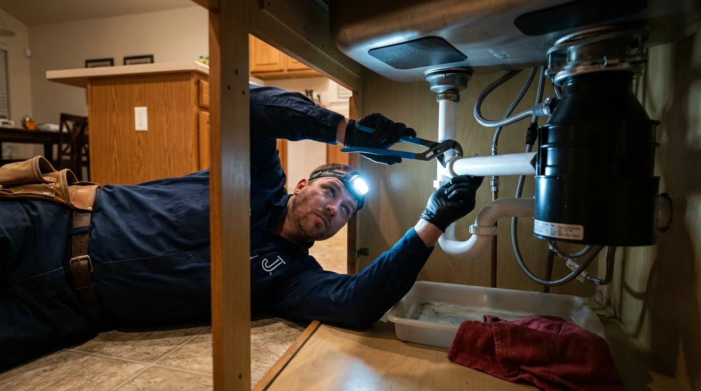 P-trap and supply line connections under a kitchen sink showing a common leak point in Bartlett, IL